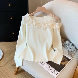 秋冬打底 蕾丝网纱上衣镂空露肩T恤修身 Silk·温柔千金感 纯白法式