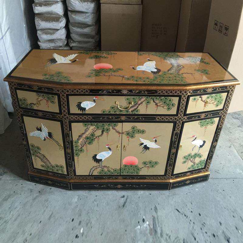 至高美三斗四门柜玄关柜彩绘家具手绘山水进门玄关柜门厅装饰柜子