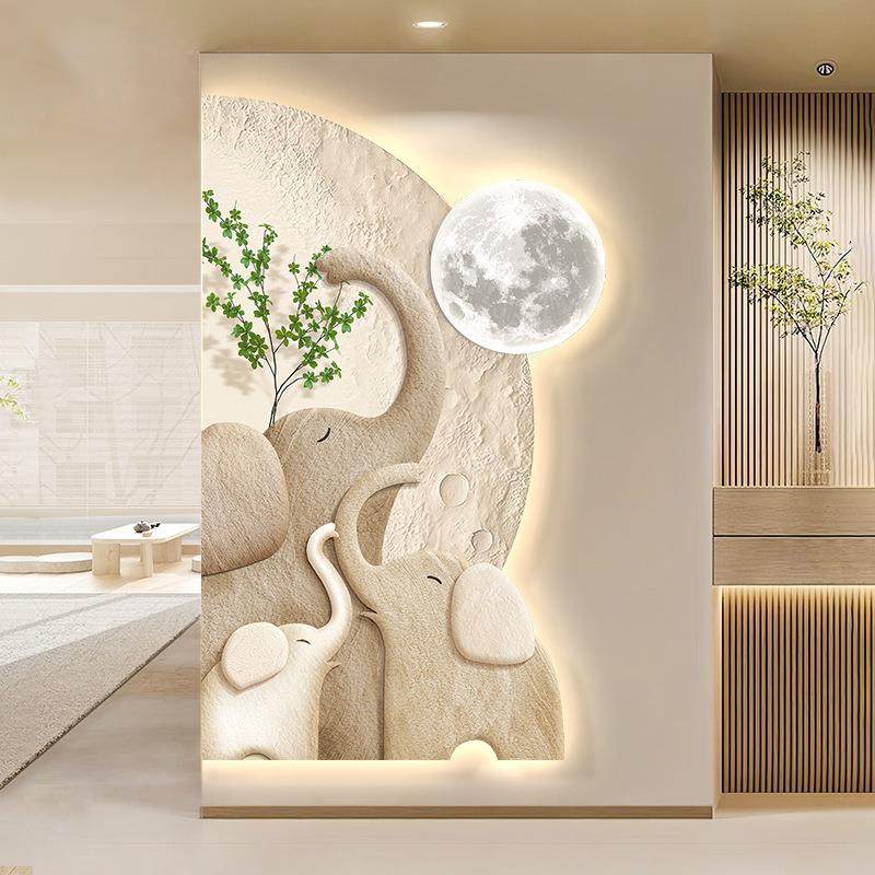 吉祥如意入户玄关装饰画正对门led发光大象走廊过道挂画客厅壁画
