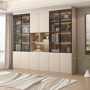 轻奢书柜书架一体组合带玻璃门储物柜家用整墙落地实木书橱