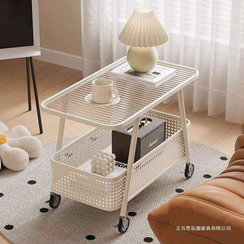 2025新款奶油风可移动沙发边几边柜床头钢化玻璃小推车岩板小茶几