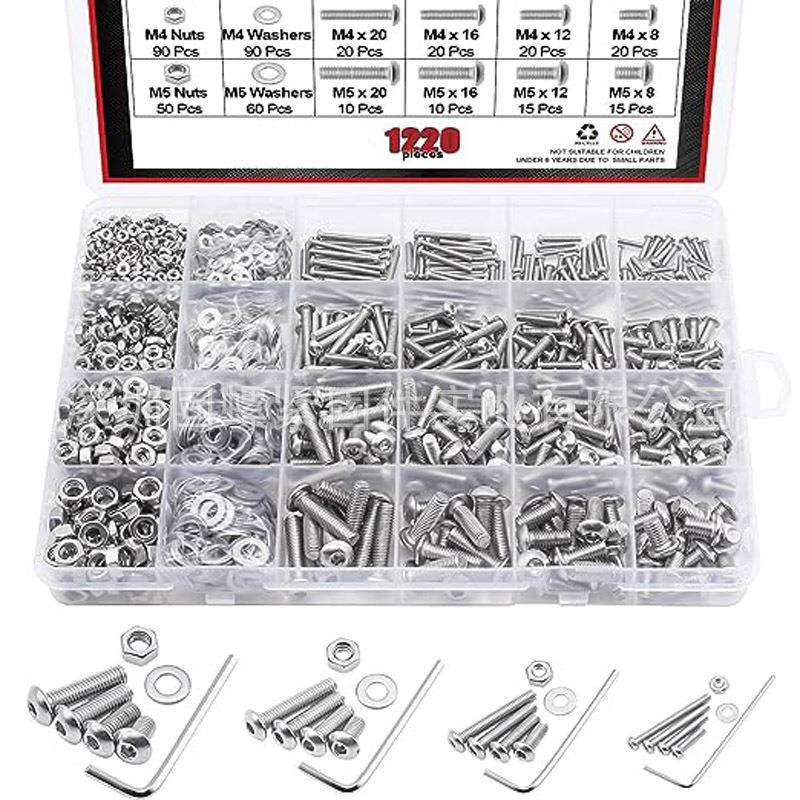 1220pcs盒装螺丝304不锈钢圆头内六角螺钉配螺母平垫组合套装