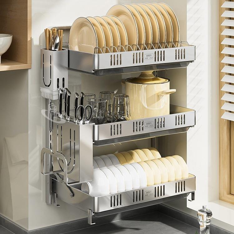 304不锈钢壁挂式免打孔多层碗碟碗盘收纳架家用多功能碗架沥水架