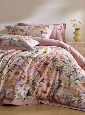 高端美式数码印花100支长绒棉四件套全棉贡缎高级感被套床单田园4