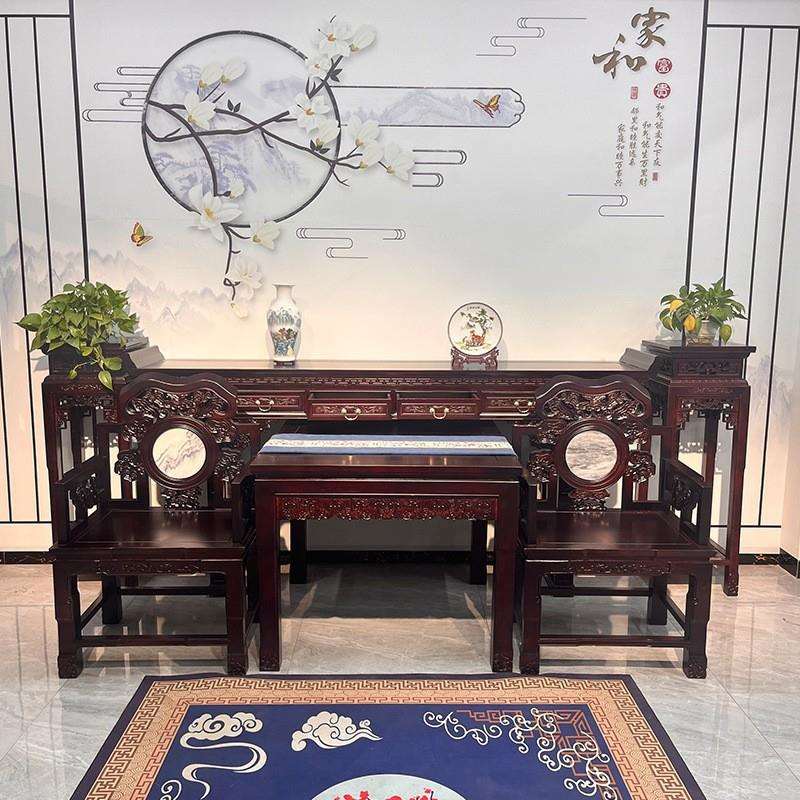 中堂六件套条案供桌中式仿古实木榆木八仙桌组合整装农村堂屋家具