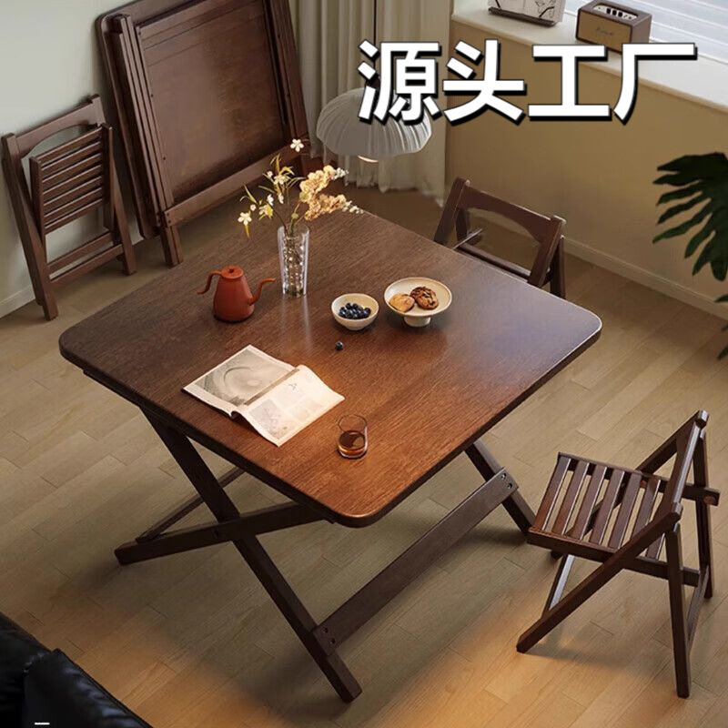 实木茶桌餐桌可折叠桌子橡胶木家用商用吃饭桌休闲户型深色小木桌