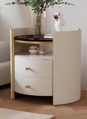 轻奢奶油风床头柜圆形简约现代卧室床边柜极简岩板茶色玻璃储物柜