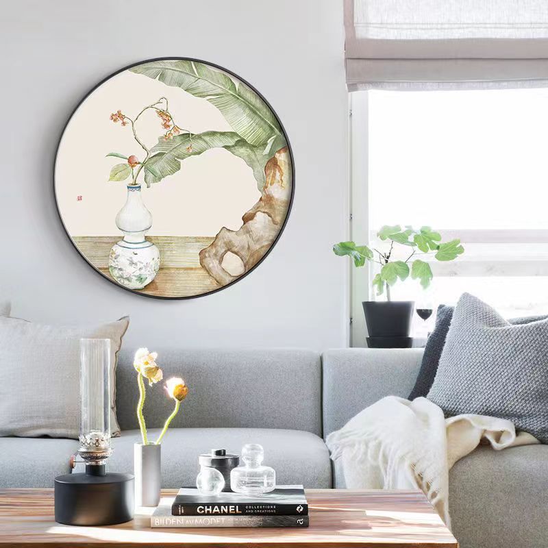 圆形装饰画新中式装饰画日式古风花卉玄关餐厅挂画现代客厅墙壁画图片
