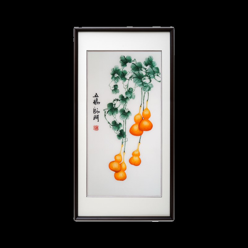 五福临门手工挂画新竖幅书房客厅过道成品刺绣饰画
