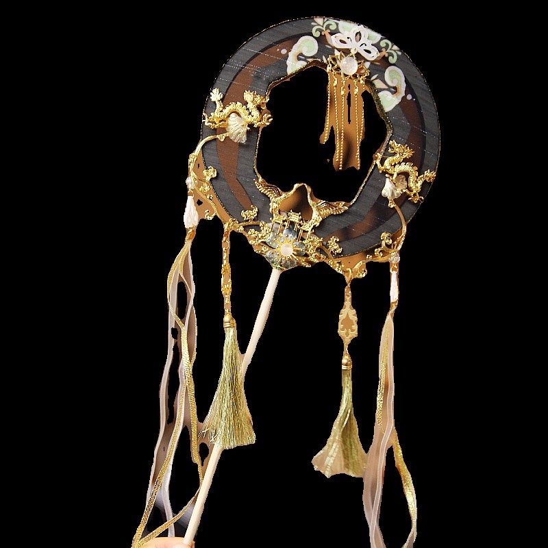 雾黑镂空金色龙纹流苏加长款宫扇子国风复古风宫工艺舞蹈圆形团扇,居家日用,扇子,淘宝优惠券,粉丝福利购,淘宝优惠卷