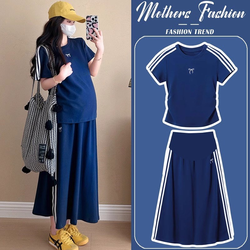 孕妇连衣裙套装夏季2025新款运动风时尚短袖t恤上衣半身裙两件套