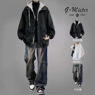 潮牌毛呢外套男士套装春秋季2025新款男装一整套搭配潮流男款夹克