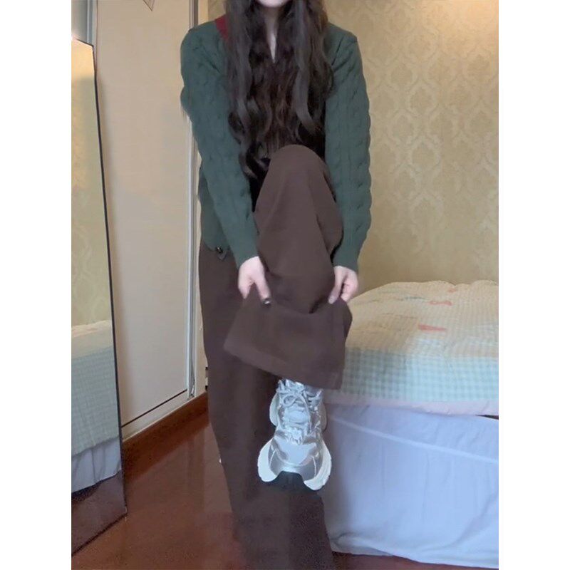 美式设计感棕色牛仔裤女秋胖mm梨型身材阔腿裤子大码显瘦拖地长裤