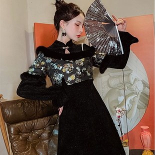 旗袍改良秋冬2023新款冬季加厚国风女装新中式U连衣裙矮小个