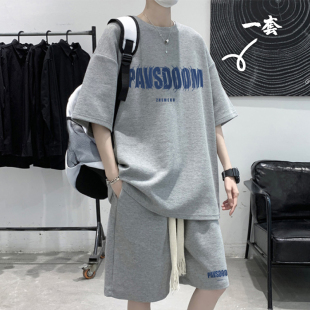 潮牌搭配一套帅气t恤大码 男夏季 青年学生运动服 套装 透气高级短袖