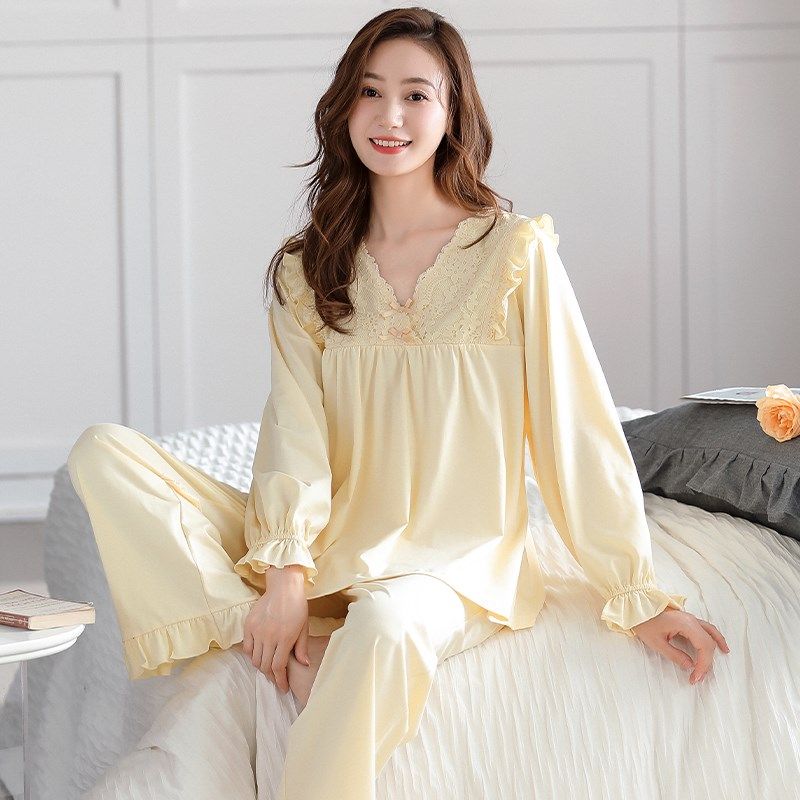 睡衣女春秋款纯棉长袖2024新款宫廷风全棉女士蕾丝花边家居服套装