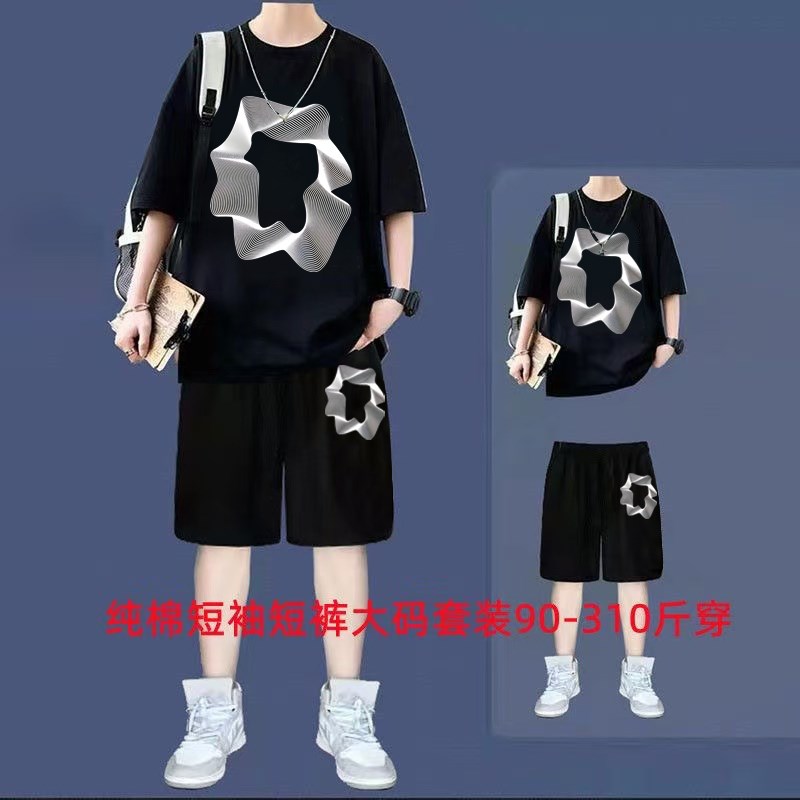 夏季微胖男生韩系穿搭套装男大码纯棉短袖加肥加大潮牌显瘦两件套