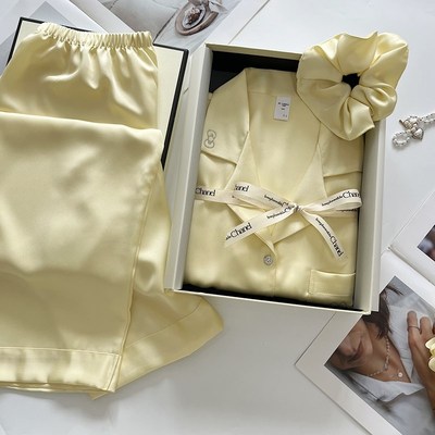 纯色冰丝睡衣女生日礼物送朋友闺蜜高级感卡通猫咪长袖家居服套装