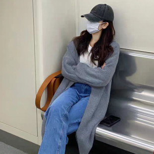 慵懒风毛衣外套女开衫中长版宽松外穿日系长版上衣针织衫女春秋款