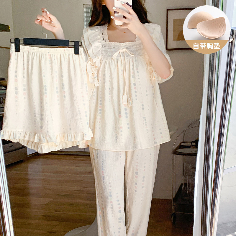 三件套睡衣女夏季2024新款带胸垫短袖长裤公主风棉绸夏天家居服薄