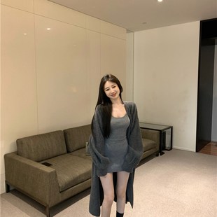慵懒风毛衣外套女秋冬中长版 宽松过膝I灰色针织开衫 内搭洋装 套装