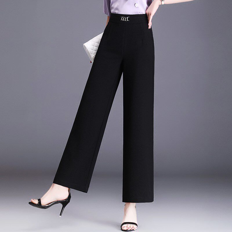 雪纺阔腿裤女夏季薄款小个子高腰垂感直筒宽松显瘦黑色裤子九分裤