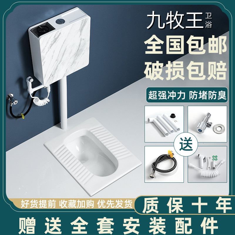 家用蹲便器蹲坑式便池冲水箱整套装卫生间防臭大便器蹲厕陶瓷便盆