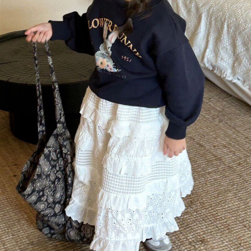 亲子女童半身裙春装2024新款洋气花边裙蛋糕裙韩版宝宝白色长裙子