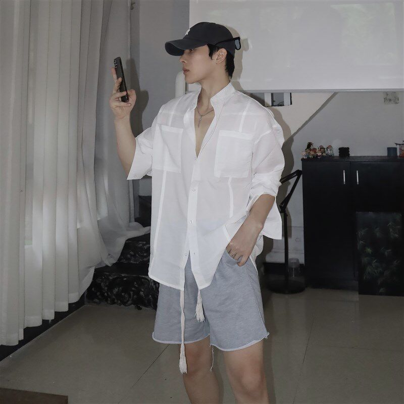 夏季新款防晒男士长袖衬衫韩风简约纯色时尚休闲棉麻透气薄款衬衣