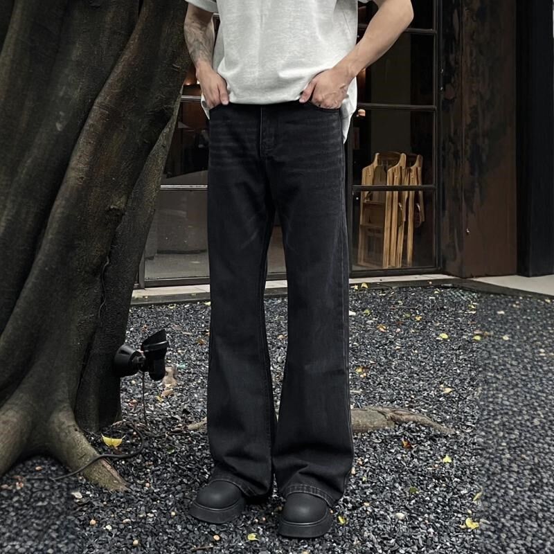 美式牛仔裤复古黑灰色直筒微喇显瘦百搭休闲宽松男士黑色牛仔裤