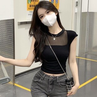 辣妹纯欲别致绝美短款小上衣女黑色网纱正肩T恤紧身露脐卡腰小衫