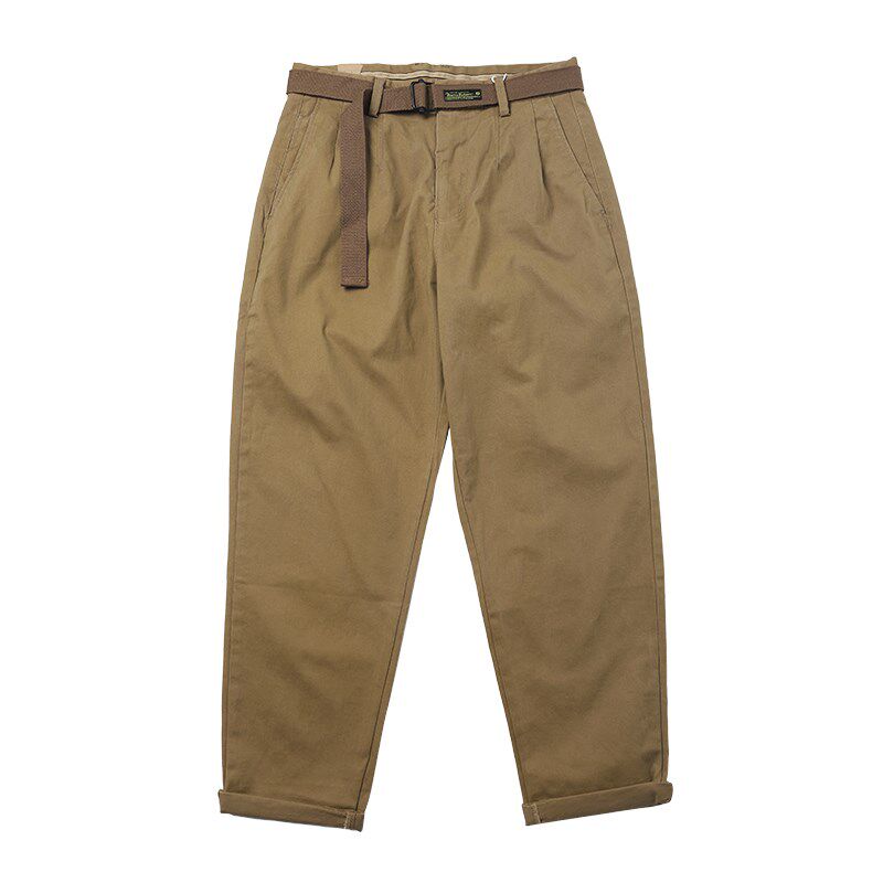 春季美式纯棉工装裤男宽松小直筒锥形裤斜纹质感腰带纯色九分裤潮