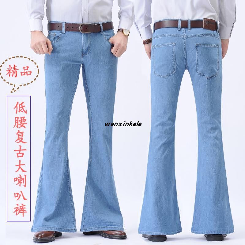 大喇叭裤男低腰修身弹力时尚复古男款大喇叭牛仔裤男士大脚裤微喇