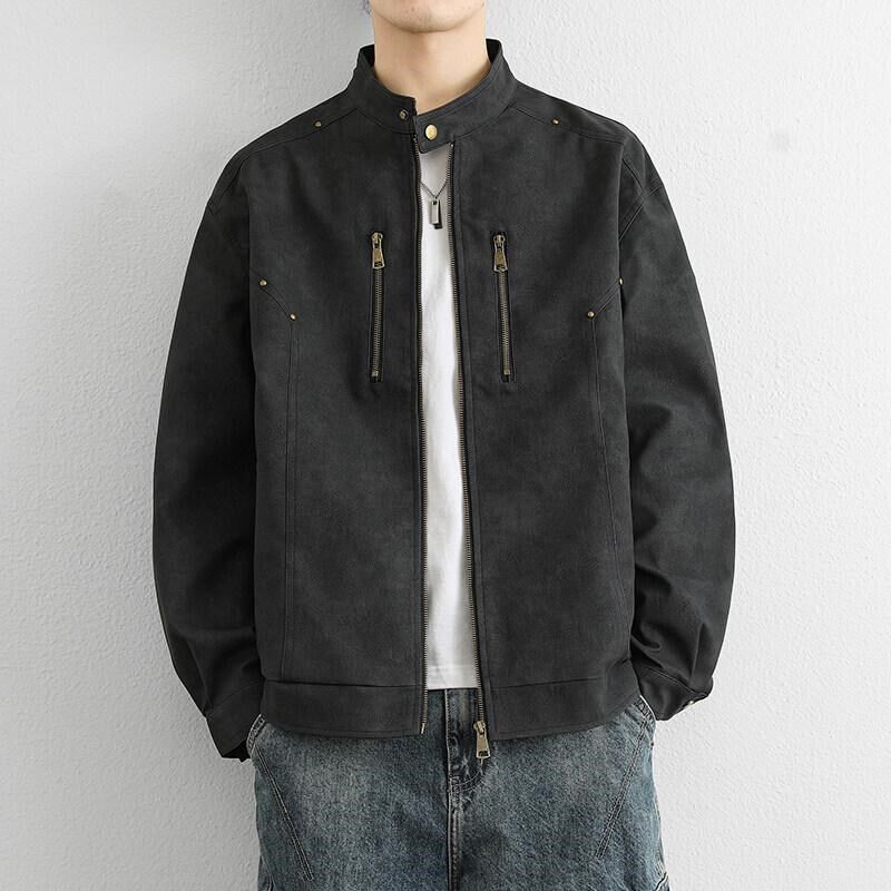2025春秋新款男士夹克外套时尚宽松翻领百搭开衫夹克潮牌复古皮衣