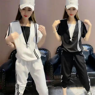 时尚套装2021早秋新款韩版设计感撞色短袖T恤小脚裤休闲女两件套