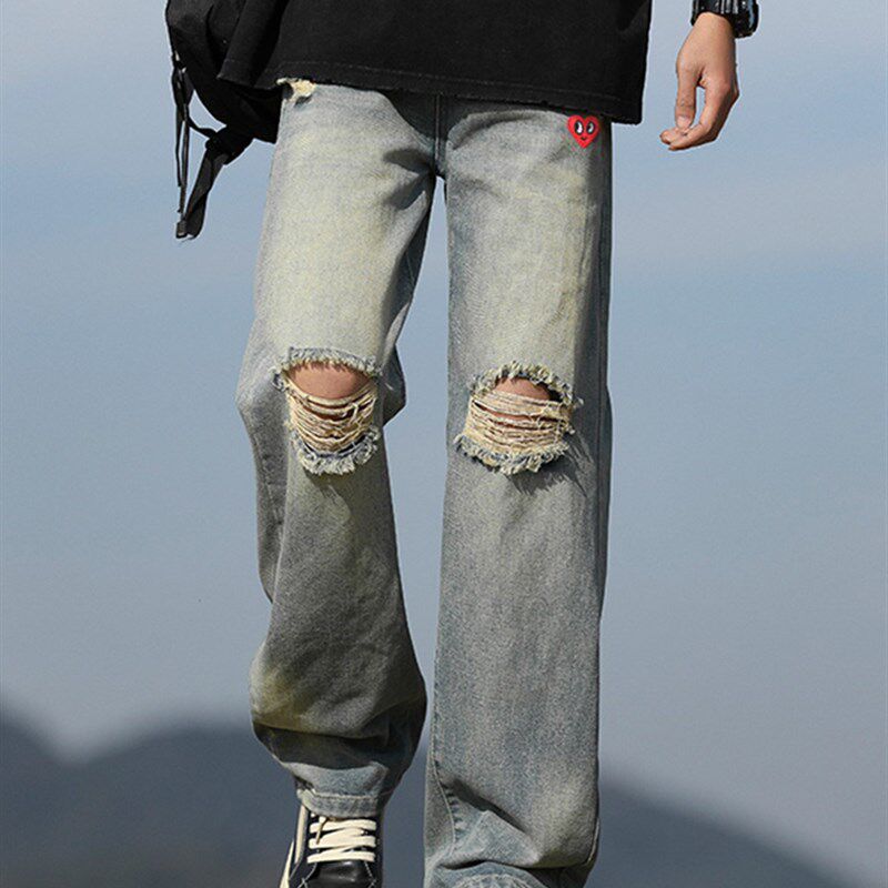查尔斯桃心 美式覆古牛仔裤男夏季新款破洞宽松阔腿直筒垂感长裤