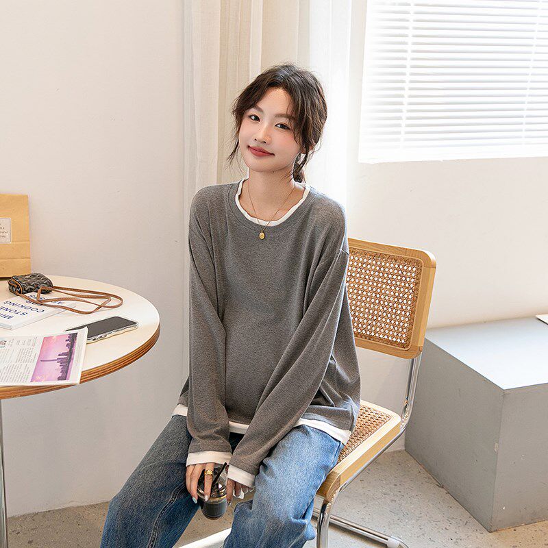 孕妇装撞色假两件圆领长袖T恤女秋装新款叠穿灰色打底衫春秋上衣