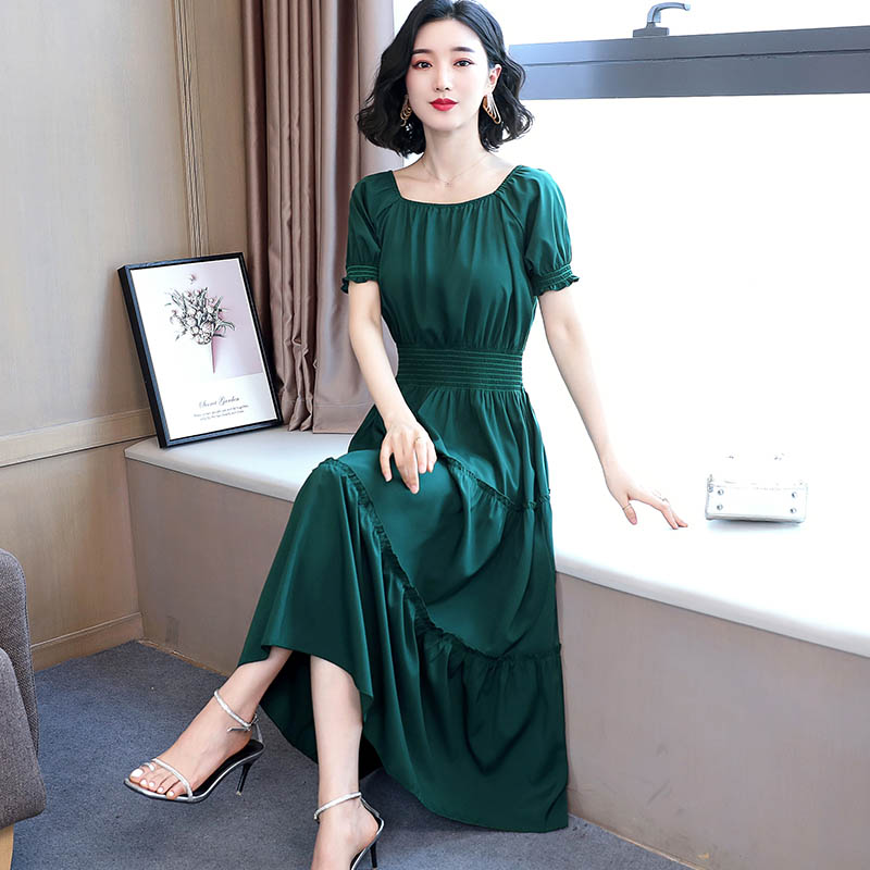 纯色短袖连衣裙2020新款女夏装长款收腰显瘦修身气质遮肚大码长裙