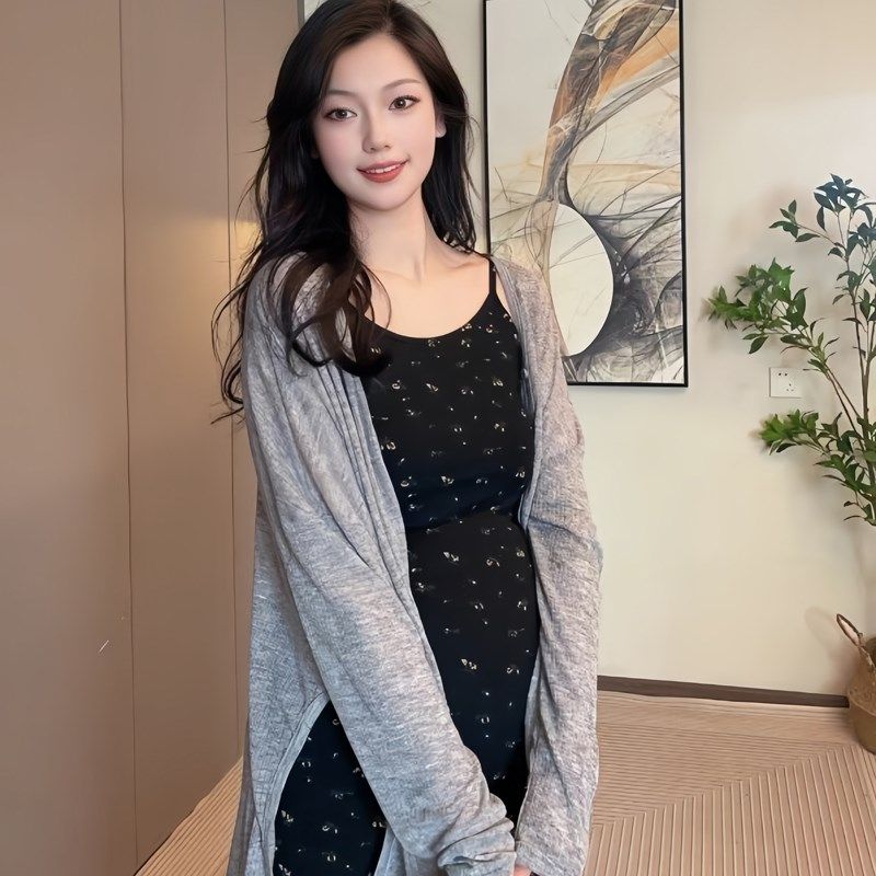 孕妇碎花吊带连衣裙外穿打底裙渡假裙慵懒风防晒开衫小个子两件套