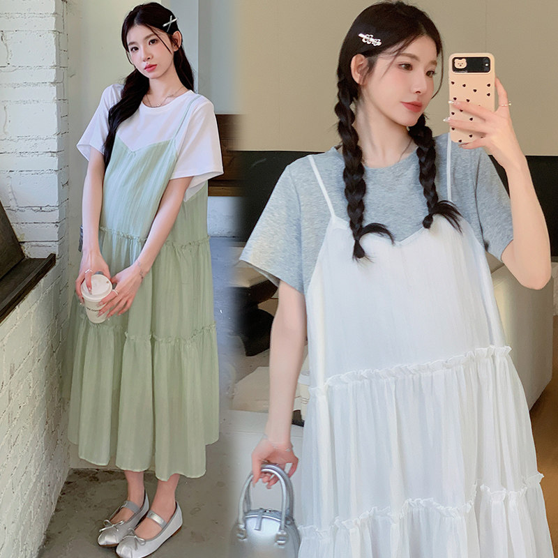 孕妇连衣裙夏款2024新款韩版雪纺吊带裙假两件宽松甜美小清新裙子