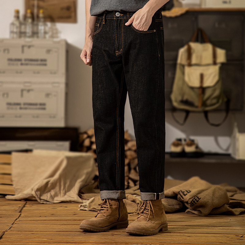 美式阿美咔叽经典黑色牛仔裤男直筒宽松简约休闲加绒长裤男款秋季
