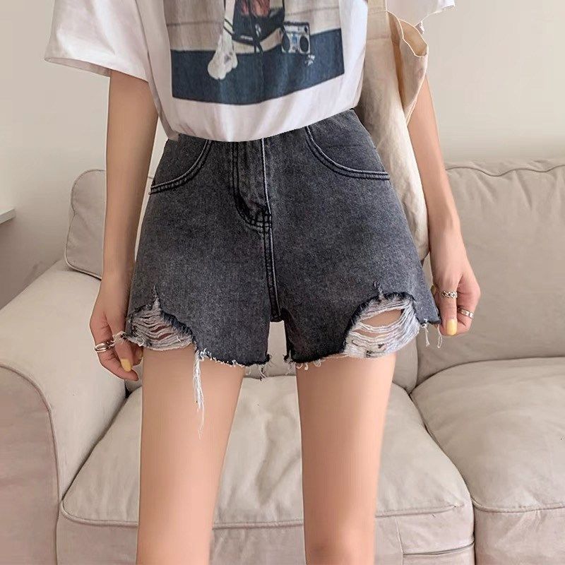孕妇短裤子女夏季薄款外穿u托腹宽松休闲阔腿裤蓝色破洞牛仔热裤