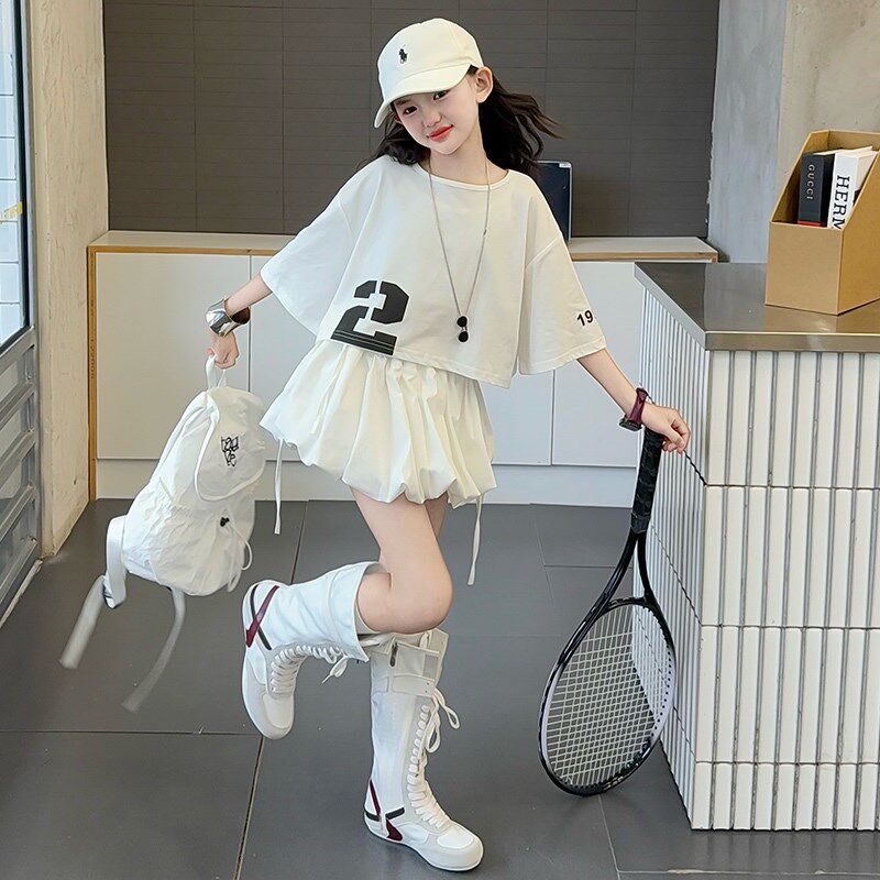 女童夏套装2025新款小女孩薄款短袖上衣服夏季儿童套装泡泡半身裙