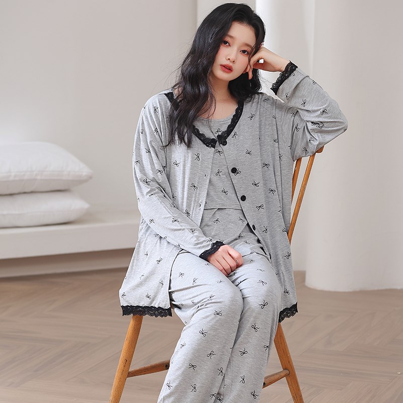 月子服带胸垫夏季薄款产后纯棉三件套孕妇睡衣女春秋哺乳孕期专用