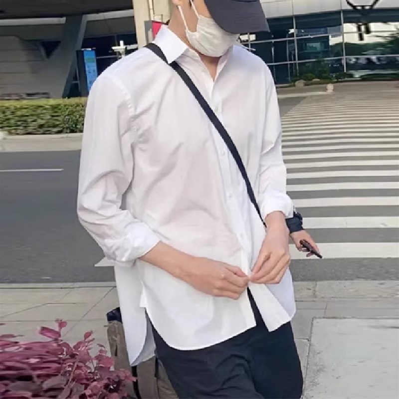 新款潮牌长袖前短后长两侧开叉衬衫免熨烫纯色宽松衬衫休闲外套上