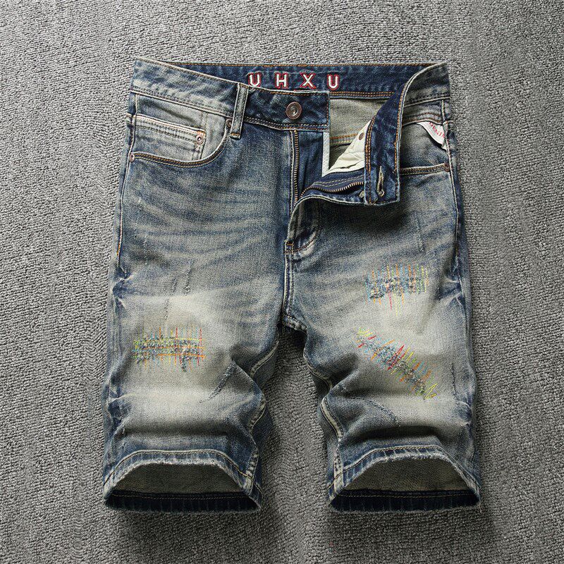 高端刺绣破洞牛仔短裤男士夏季新款潮牌修身直筒复古五分中裤外穿