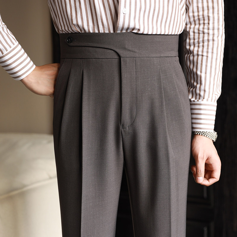 休闲高腰直筒西裤男秋季商务免熨烫弹性长裤那不勒斯灰色垂感西装