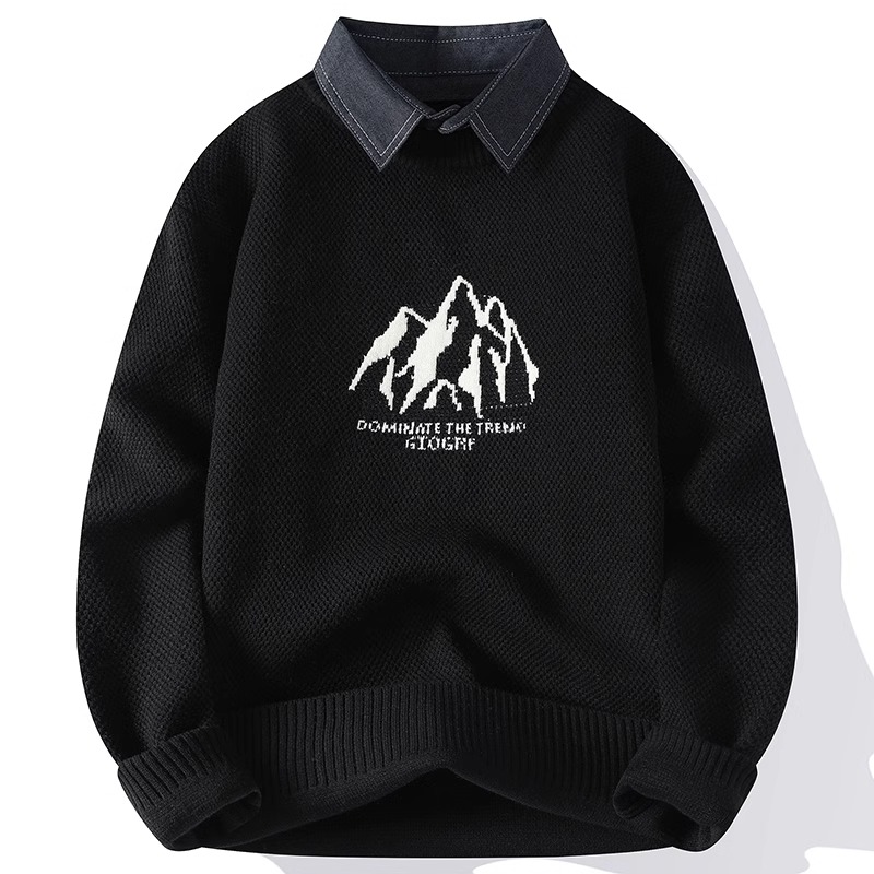 特大码300斤衬衫领毛衣男秋冬加绒加厚假两件针织衫内搭打底线衫2