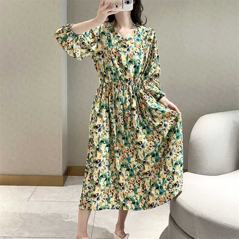 碎花裙子过膝春夏新款宽松大码印花拼接长袖棉绸人造棉裙连衣裙子