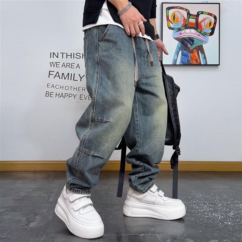 美式复古水洗宽松小直筒牛仔裤男春款宽松掐褶装饰青年阔腿休闲裤